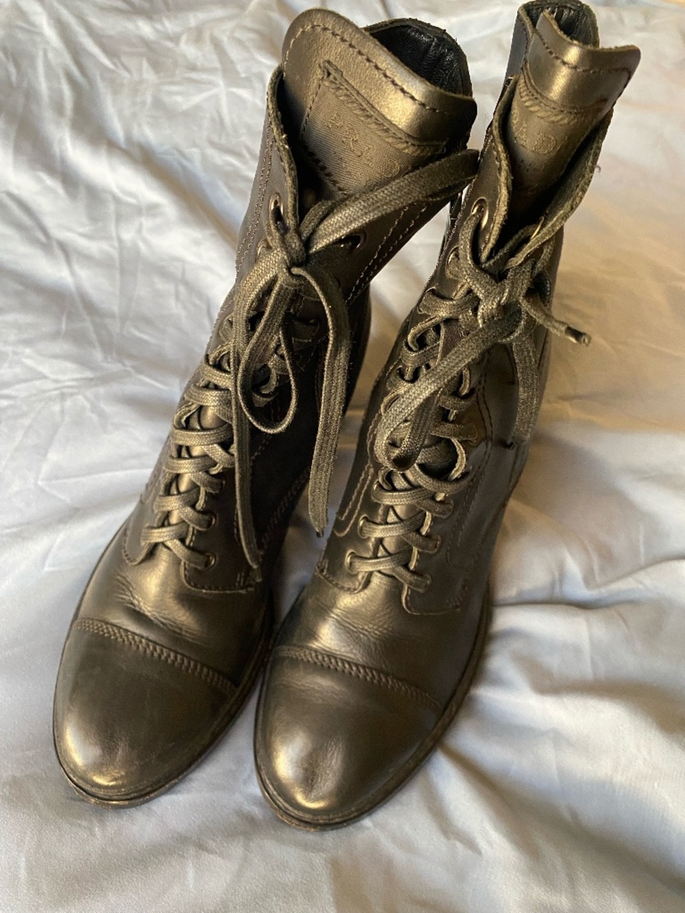 Prada Women’s Black Leather Black Rubber Soles Ankle Pointed Boots 37.5  (7.5